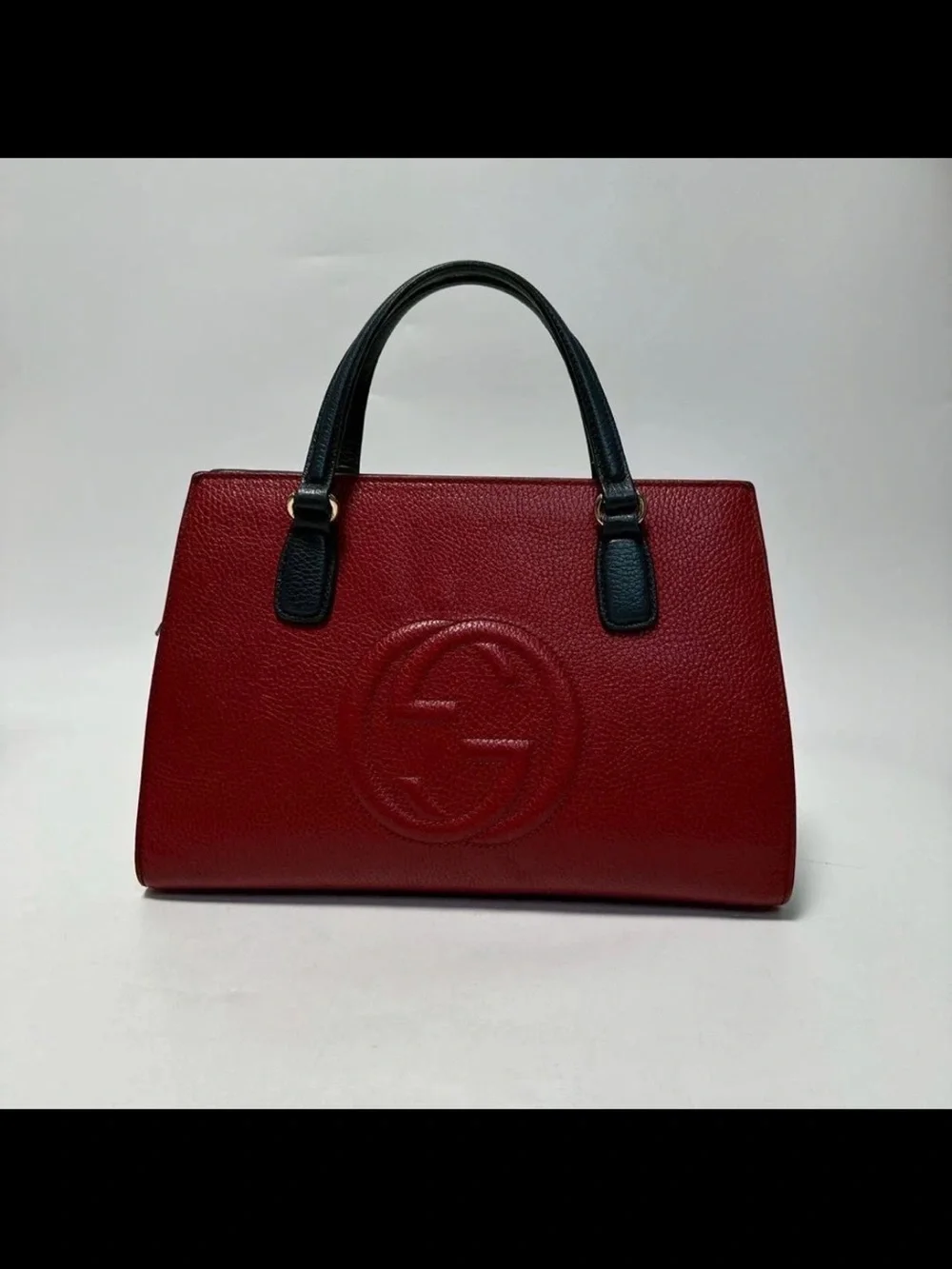 Gucci Red and Black Leather Satchel with Embossed Logo